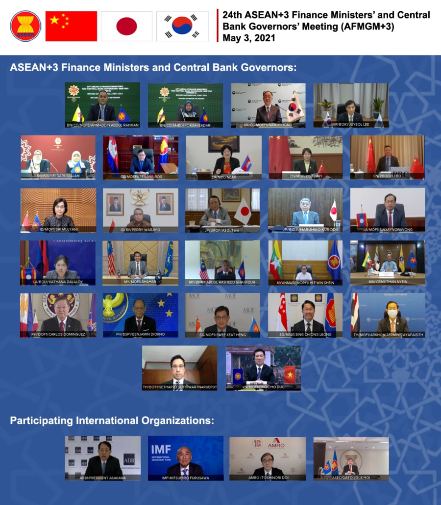 ASEAN leaders virtual meeting; country flags atop a grid of participants, including IMF and ADB representatives.